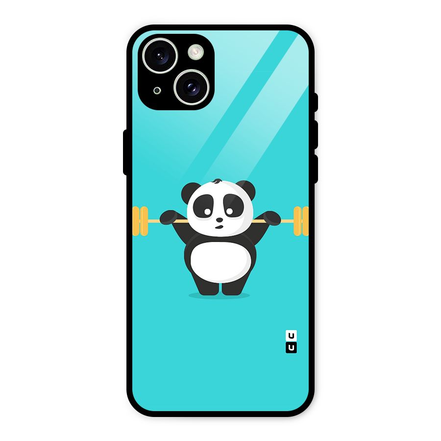 Cute Weightlifting Panda Glass Back Case for iPhone 15 Plus