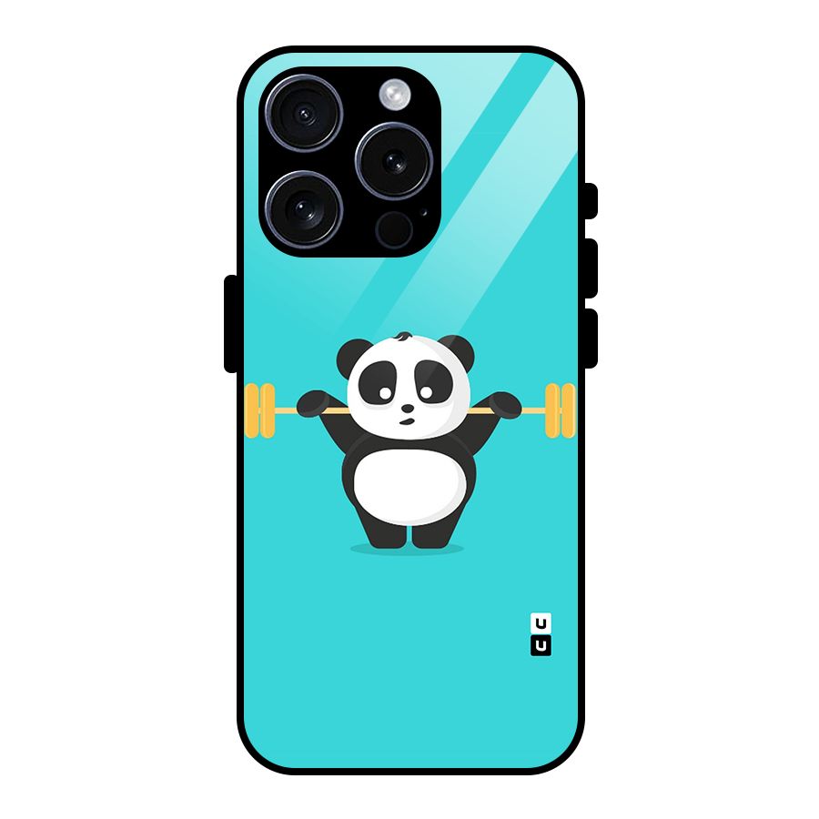 Cute Weightlifting Panda Glass Back Case for iPhone 15 Pro