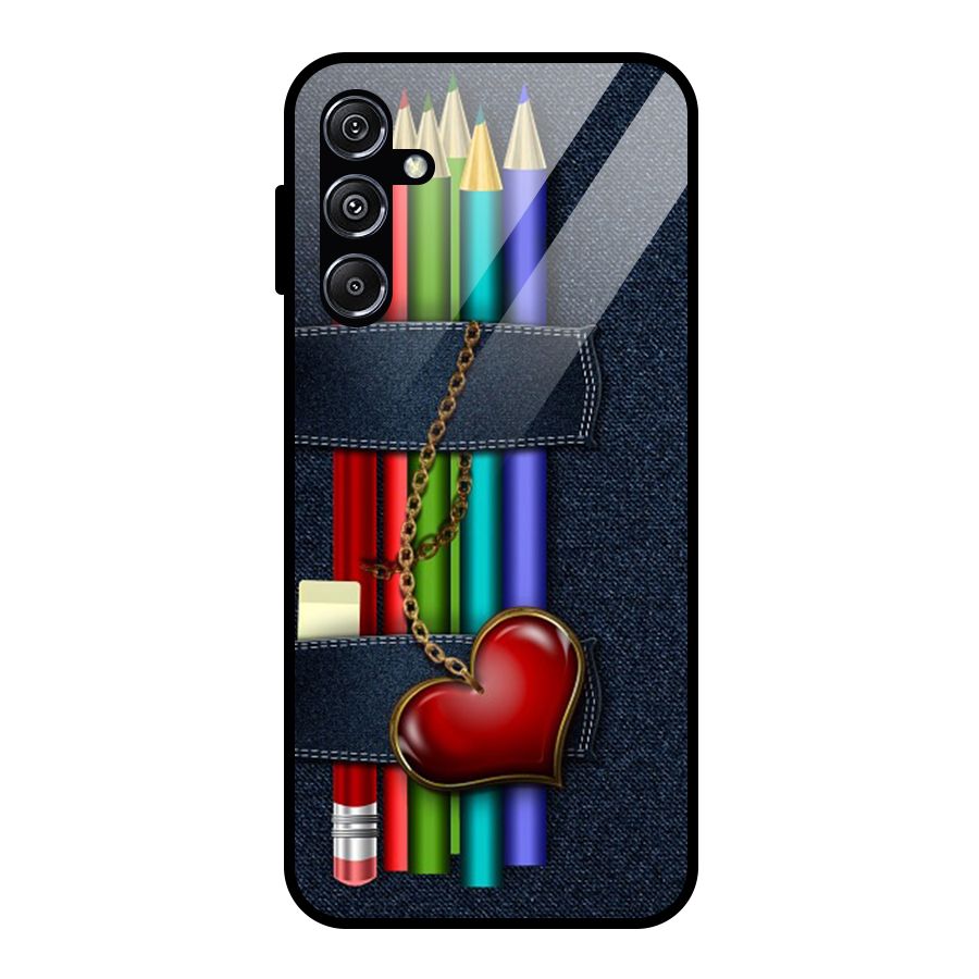 Denim Colorful Pencils Glass Back Case for Galaxy M34 5G