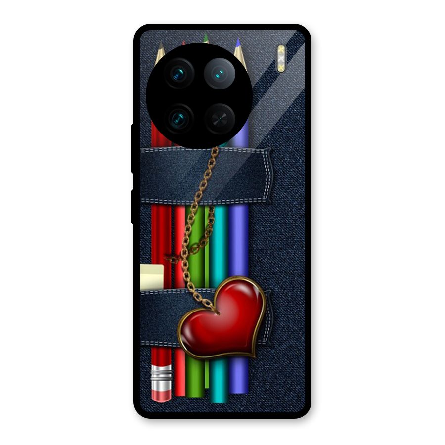 Denim Colorful Pencils Glass Back Case for Vivo X90 Pro