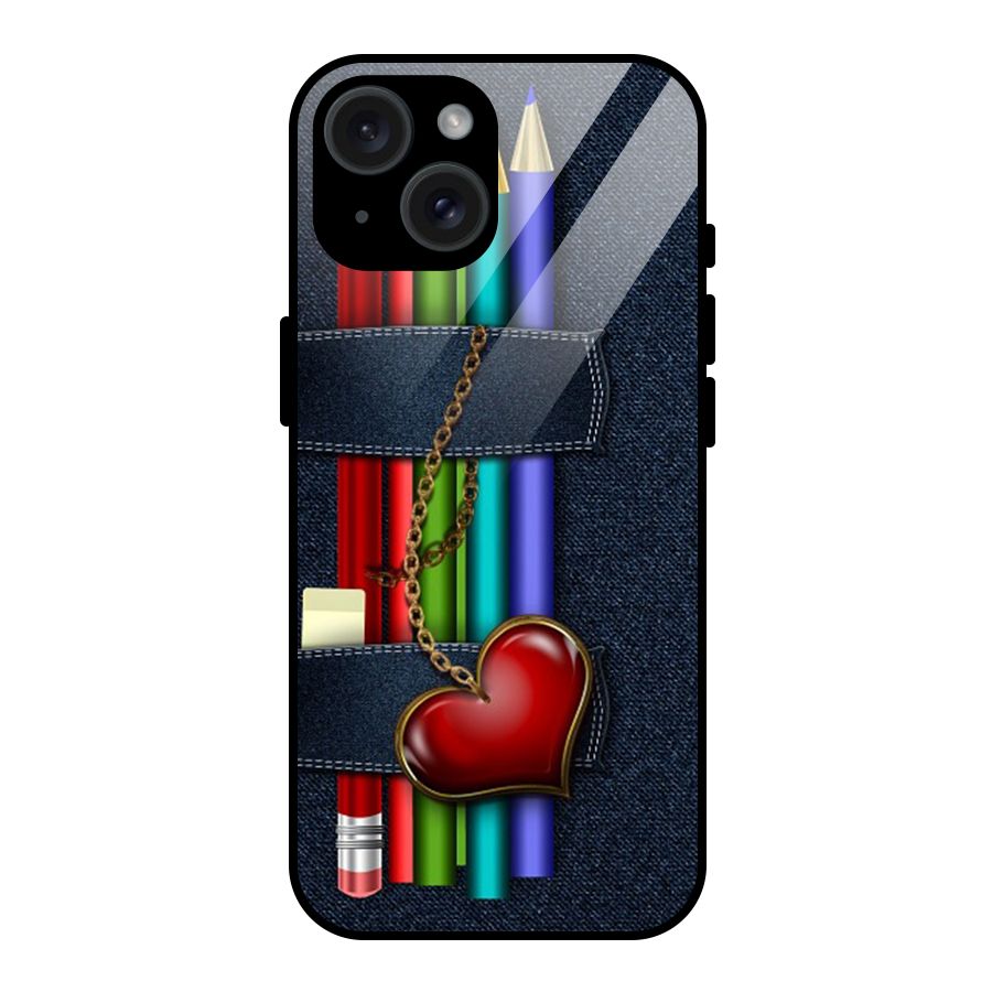Denim Colorful Pencils Glass Back Case for iPhone 15