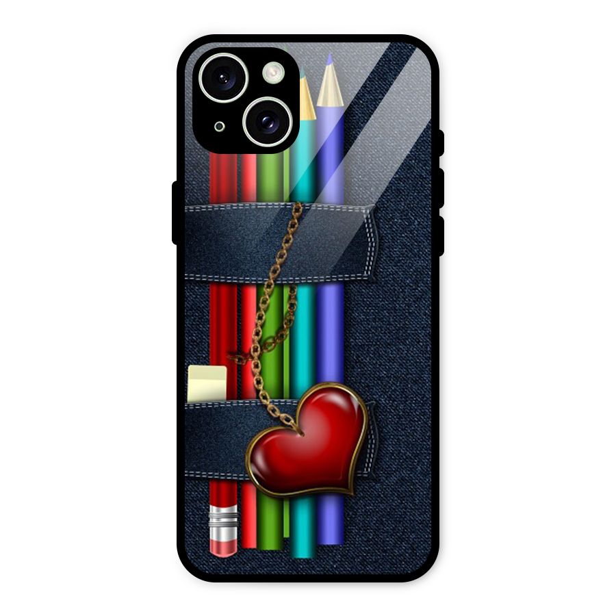 Denim Colorful Pencils Glass Back Case for iPhone 15 Plus