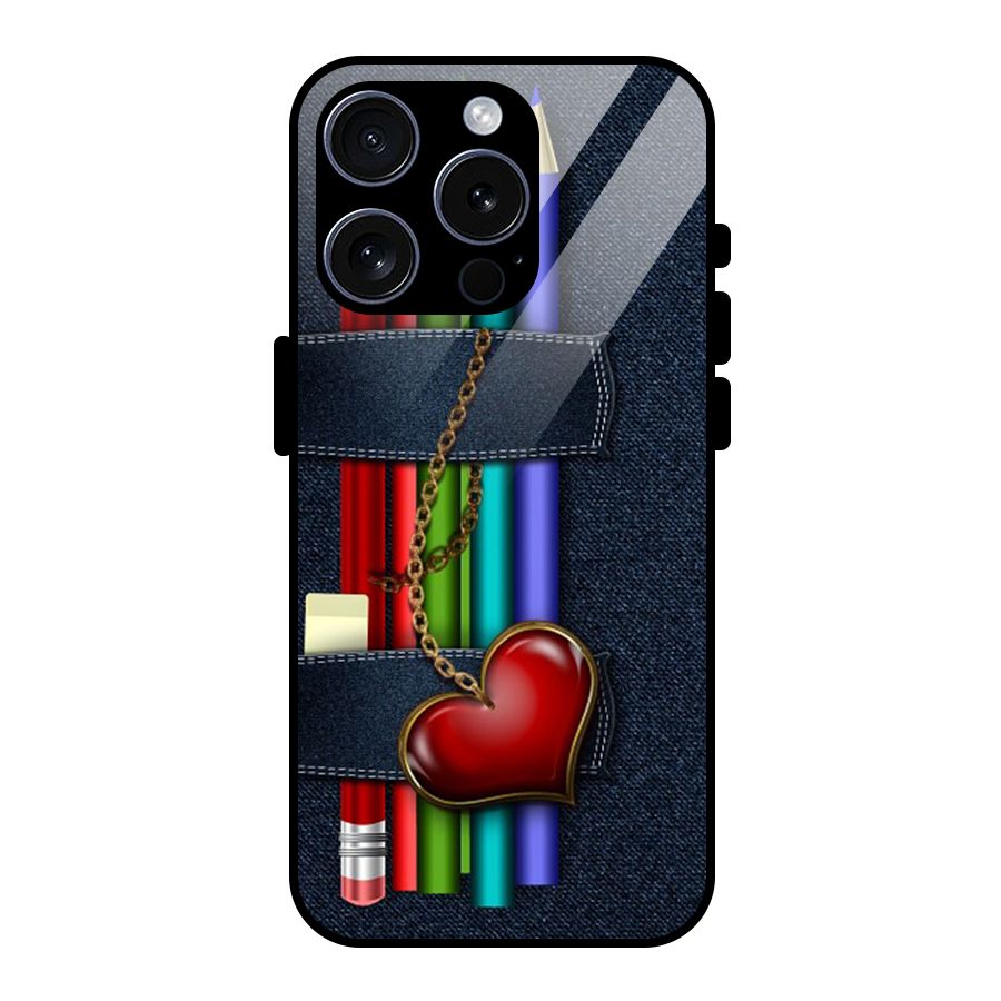 Denim Colorful Pencils Glass Back Case for iPhone 15 Pro