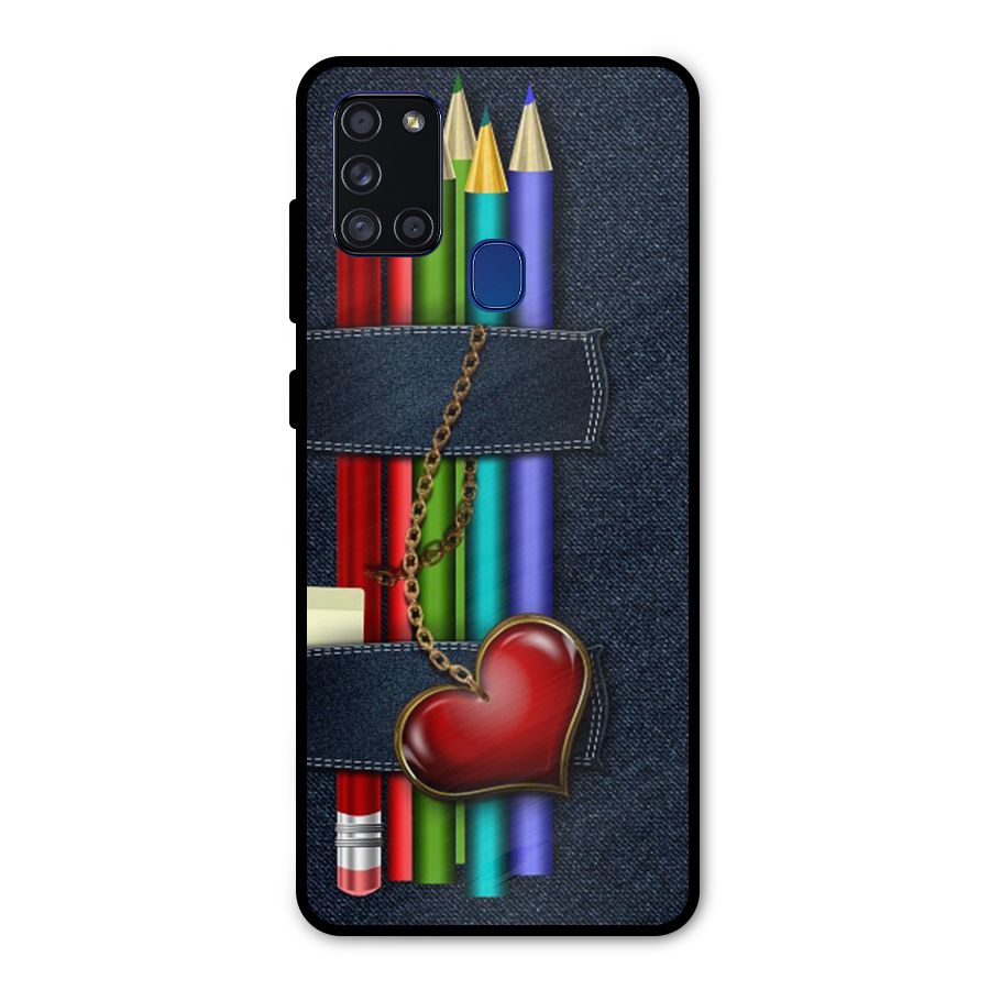 Denim Colorful Pencils Metal Back Case for Galaxy A21s