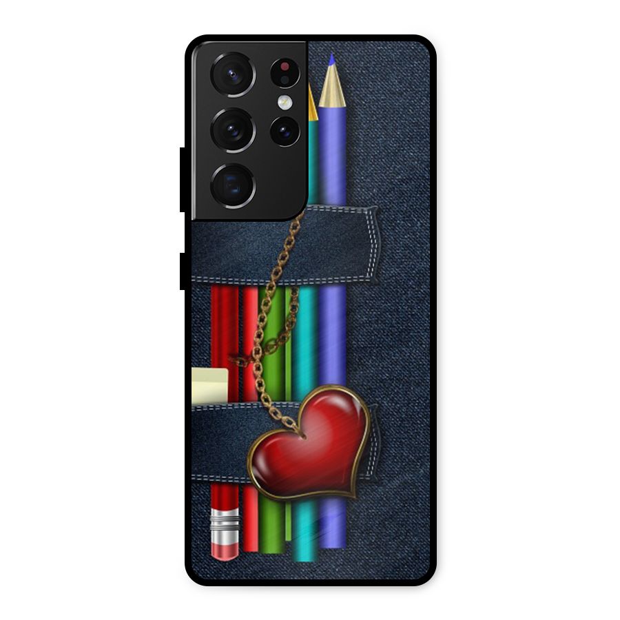 Denim Colorful Pencils Metal Back Case for Galaxy S21 Ultra 5G