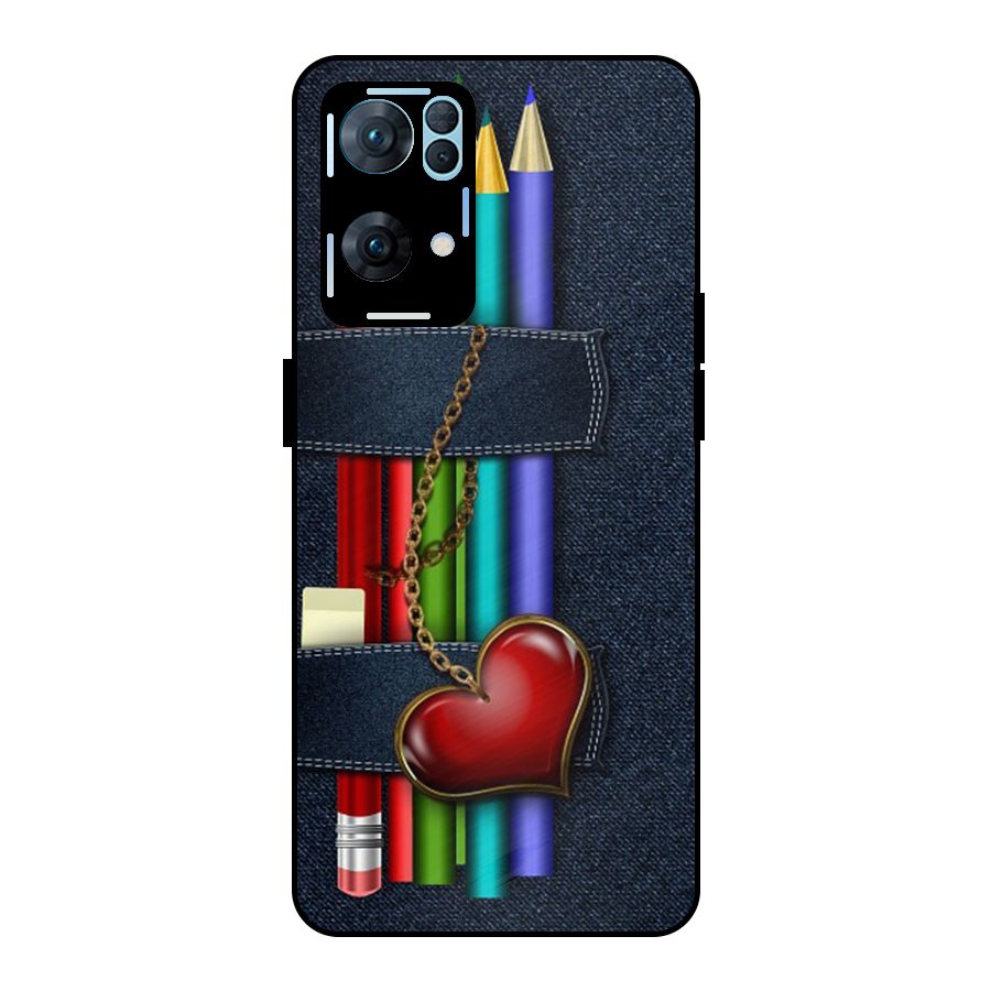 Denim Colorful Pencils Metal Back Case for Oppo Reno7 Pro 5G