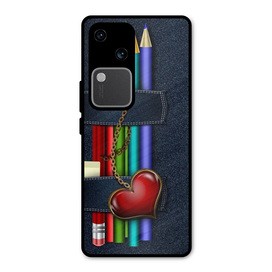 Denim Colorful Pencils Metal Back Case for Vivo V30 Pro