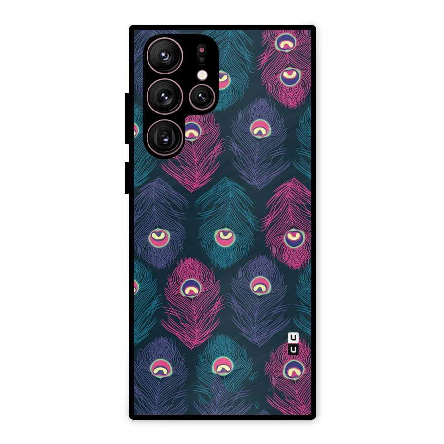 Feathers Patterns Metal Back Case for Galaxy S22 Ultra 5G