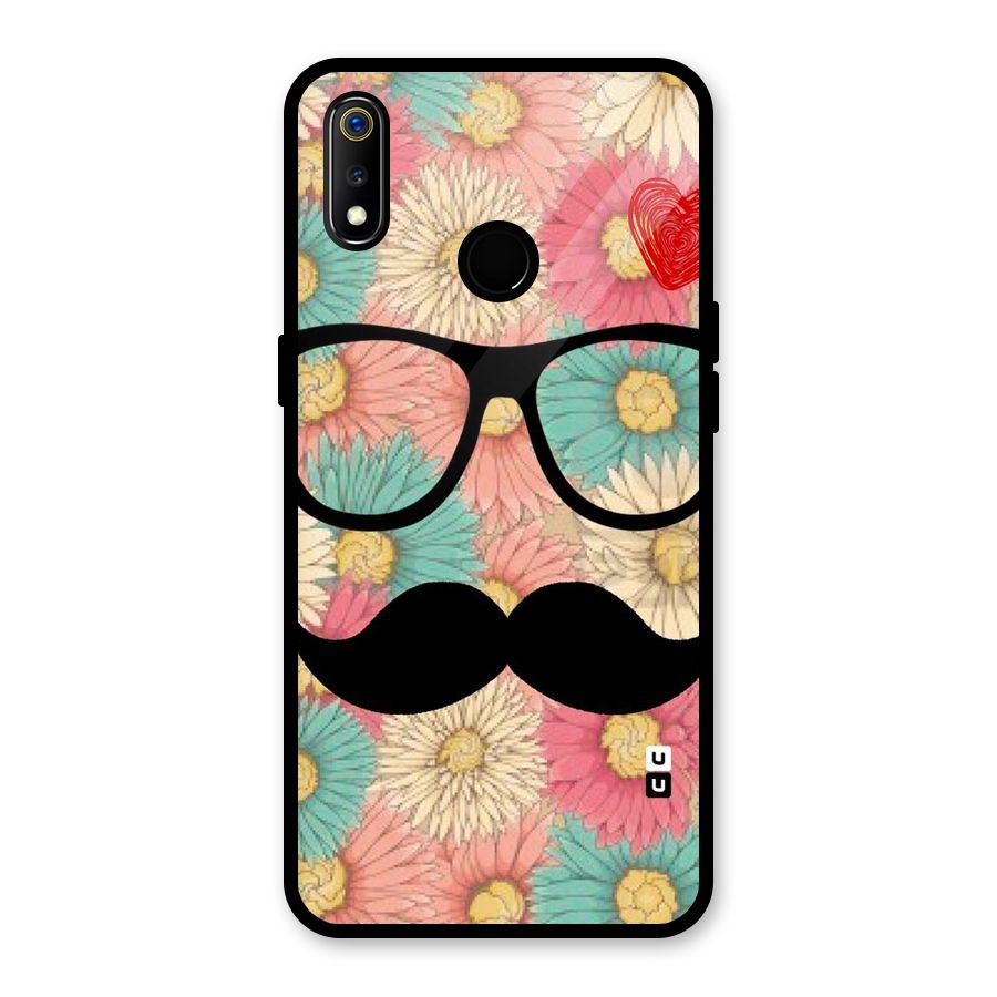 Floral Moustache Glass Back Case for Realme 3i