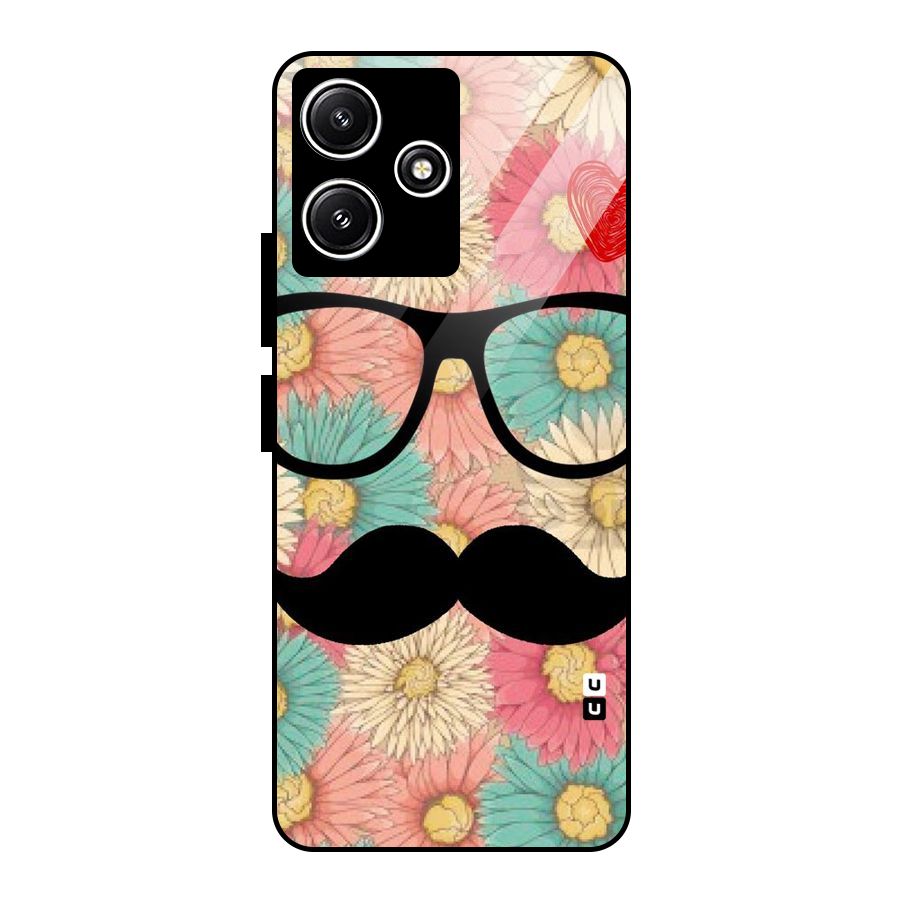 Floral Moustache Glass Back Case for Redmi 12 5G