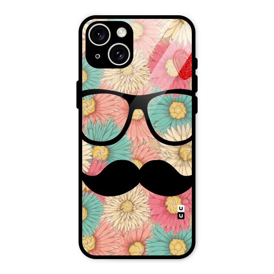 Floral Moustache Glass Back Case for iPhone 15 Plus