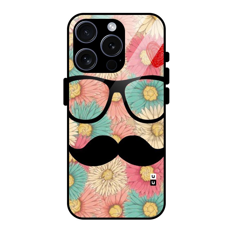 Floral Moustache Glass Back Case for iPhone 15 Pro