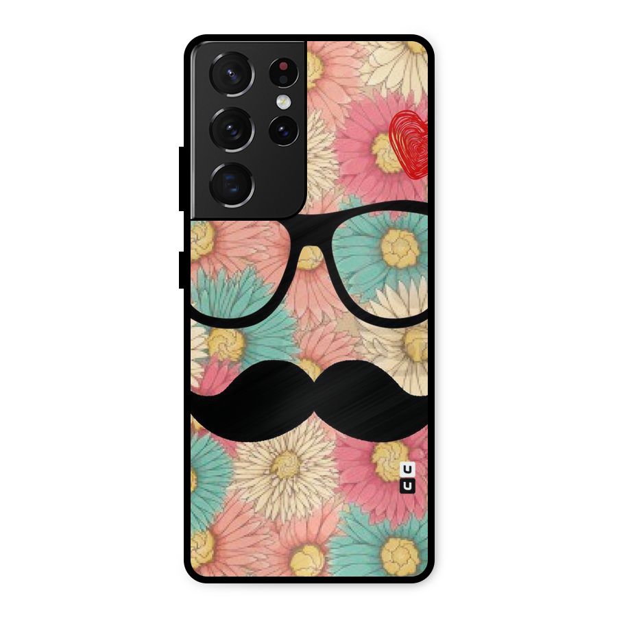 Floral Moustache Metal Back Case for Galaxy S21 Ultra 5G