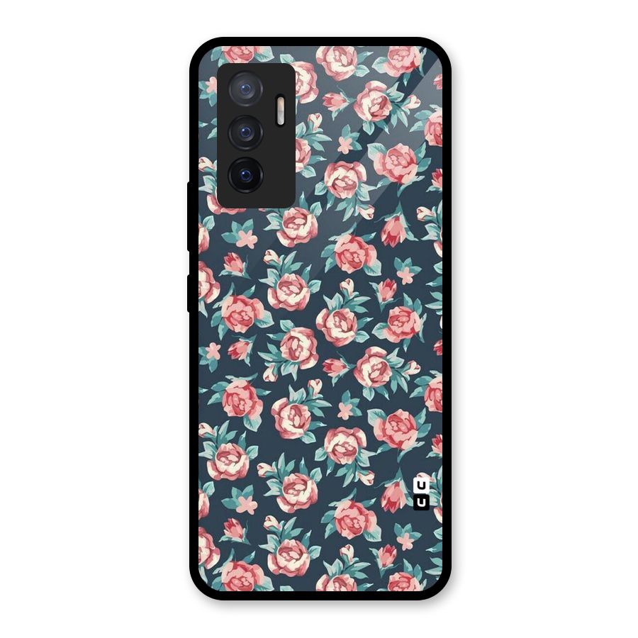 Floral Navy Bloom Glass Back Case for Vivo V23e