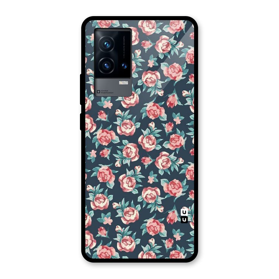Floral Navy Bloom Glass Back Case for iQOO 9 5G
