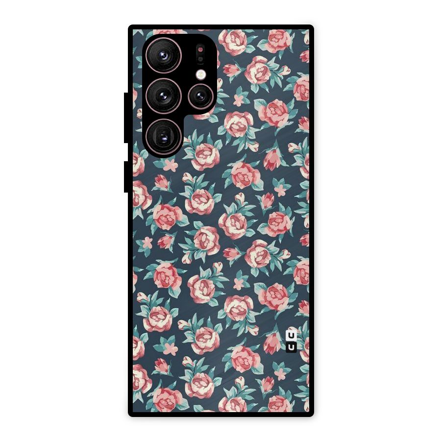 Floral Navy Bloom Metal Back Case for Galaxy S22 Ultra 5G