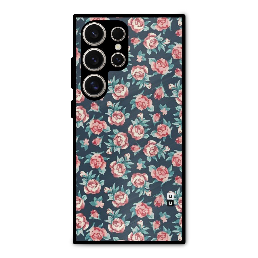 Floral Navy Bloom Metal Back Case for Galaxy S24 Ultra