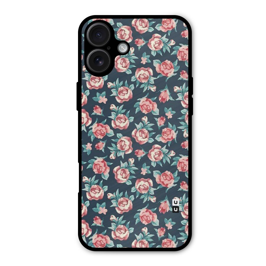Floral Navy Bloom Metal Back Case for iPhone 16 Plus