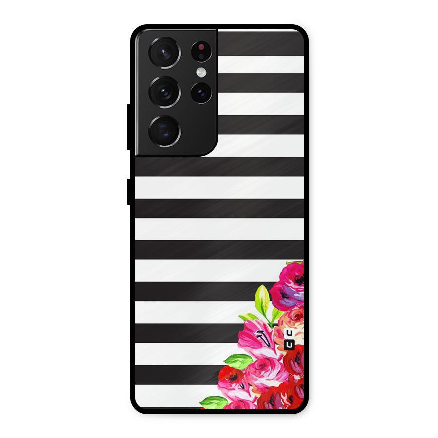 Floral Stripes Metal Back Case for Galaxy S21 Ultra 5G