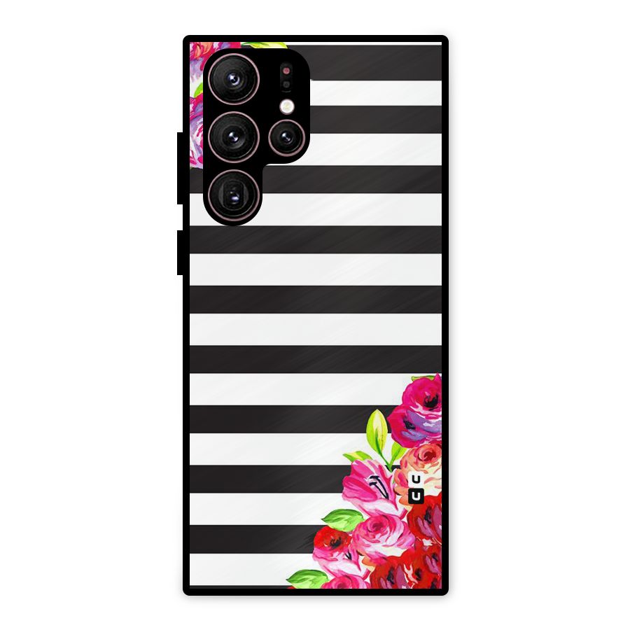 Floral Stripes Metal Back Case for Galaxy S22 Ultra 5G