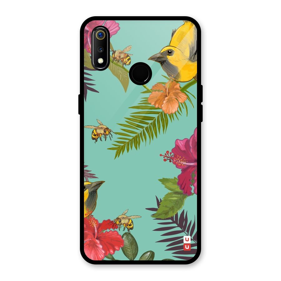 Flower Bird and Bee Glass Back Case for Realme 3