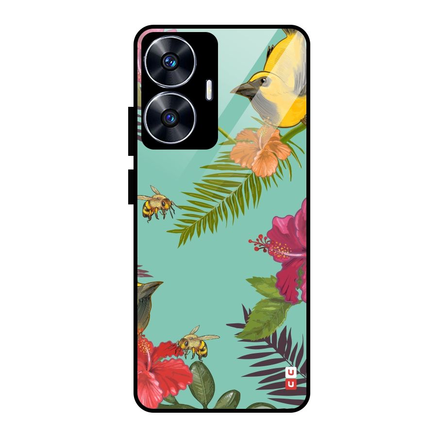 Flower Bird and Bee Glass Back Case for Realme Narzo N55