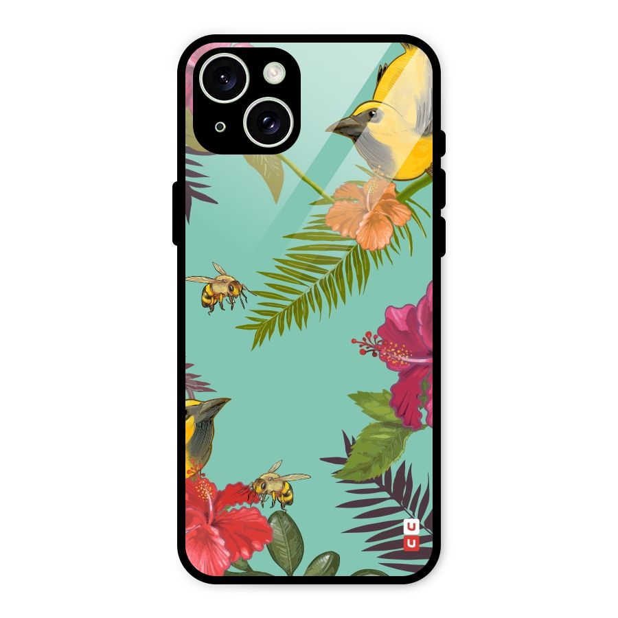 Flower Bird and Bee Glass Back Case for iPhone 15 Plus