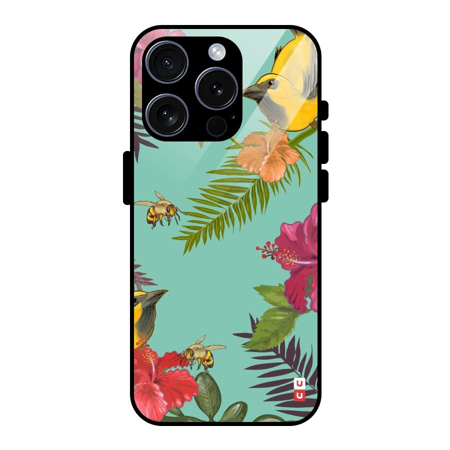 Flower Bird and Bee Glass Back Case for iPhone 15 Pro