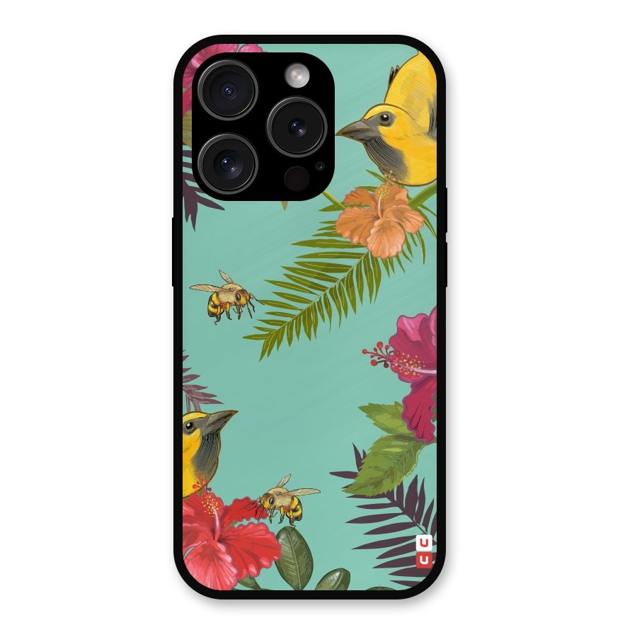 Flower Bird and Bee Metal Back Case for iPhone 15 Pro