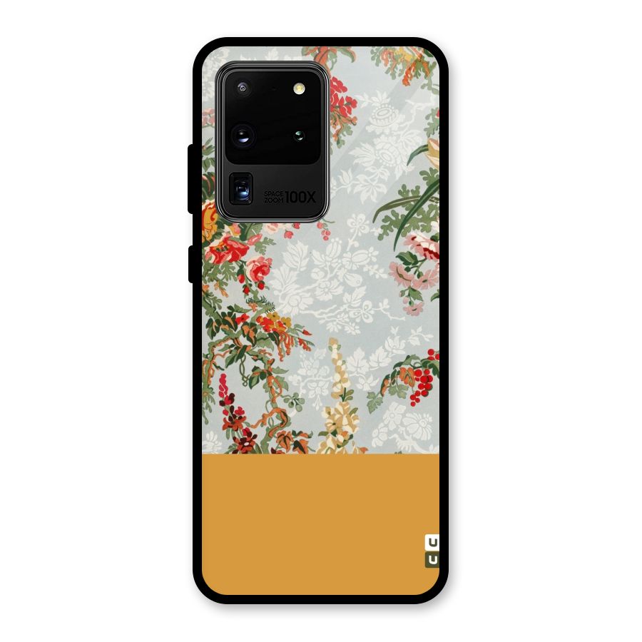Golden Stripe on Floral Glass Back Case for Galaxy S20 Ultra