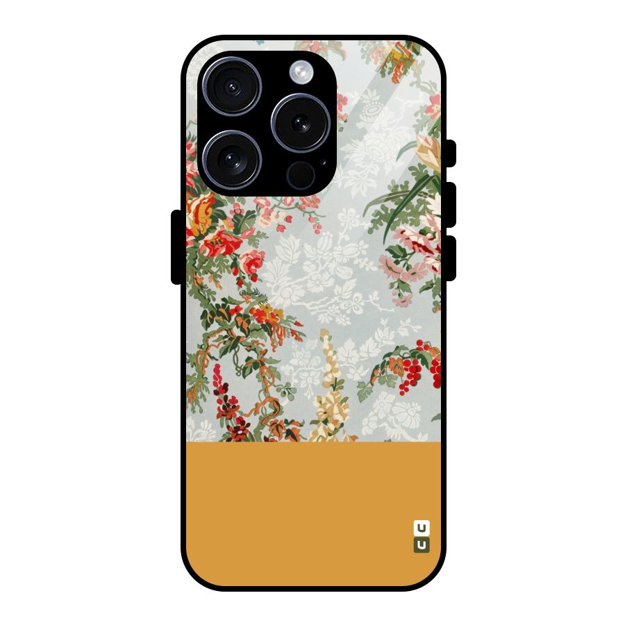 Golden Stripe on Floral Glass Back Case for iPhone 15 Pro