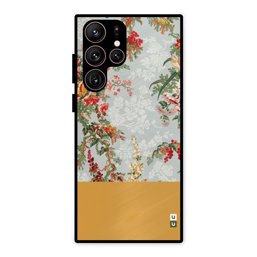Golden Stripe on Floral Metal Back Case for Galaxy S22 Ultra 5G