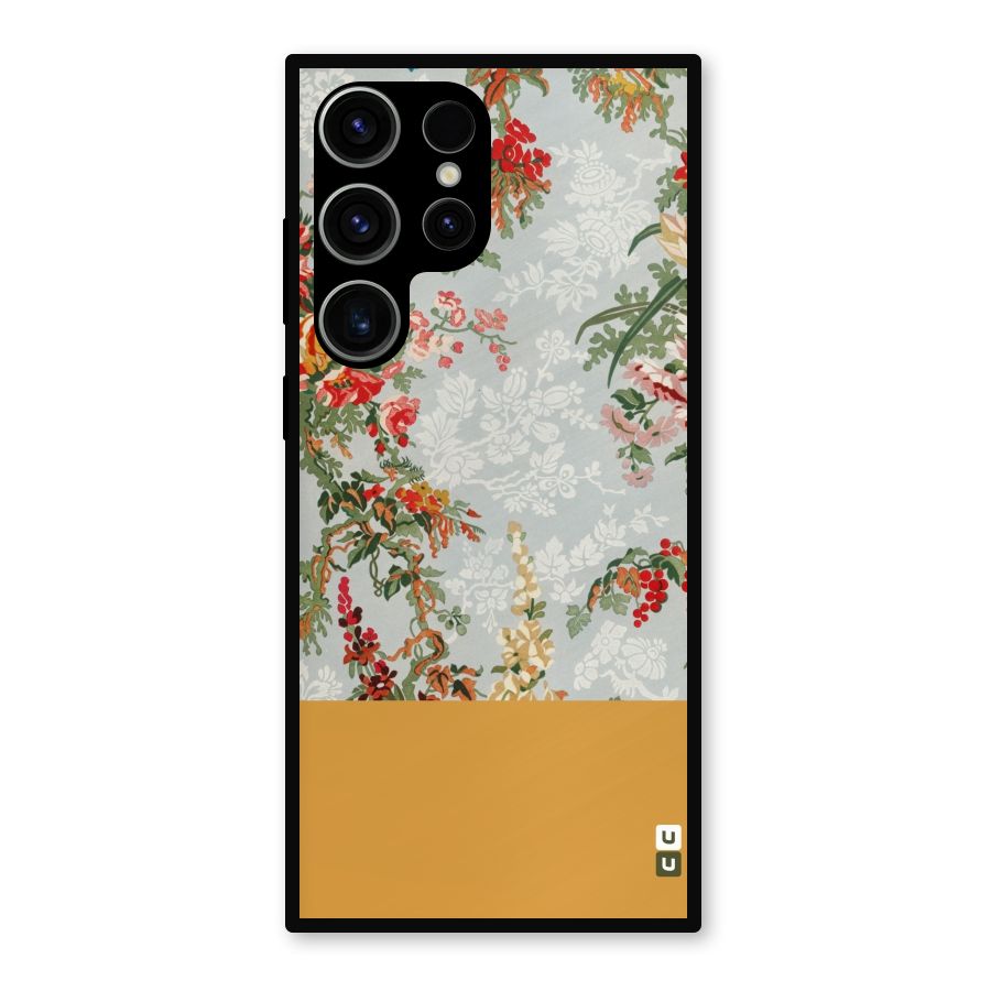 Golden Stripe on Floral Metal Back Case for Galaxy S23 Ultra