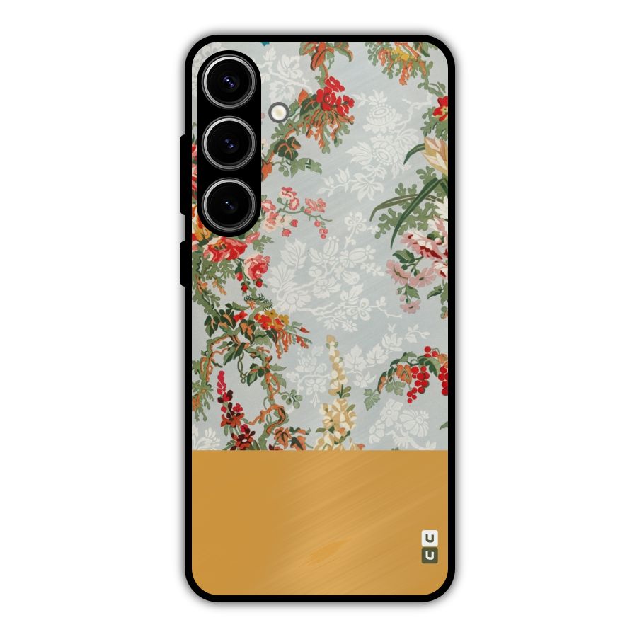 Golden Stripe on Floral Metal Back Case for Galaxy S24 Plus