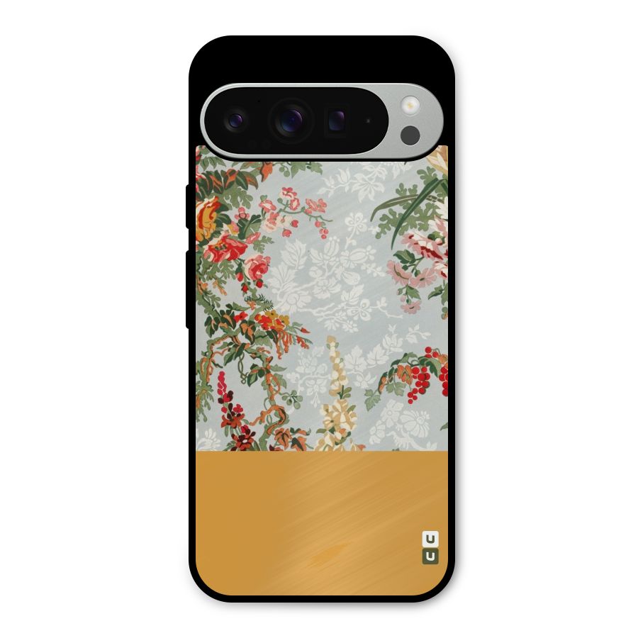Golden Stripe on Floral Metal Back Case for Google Pixel 9 Pro XL