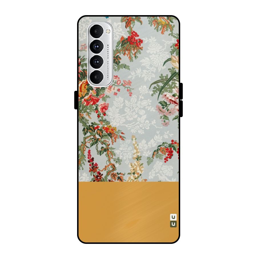 Golden Stripe on Floral Metal Back Case for Oppo Reno4 Pro