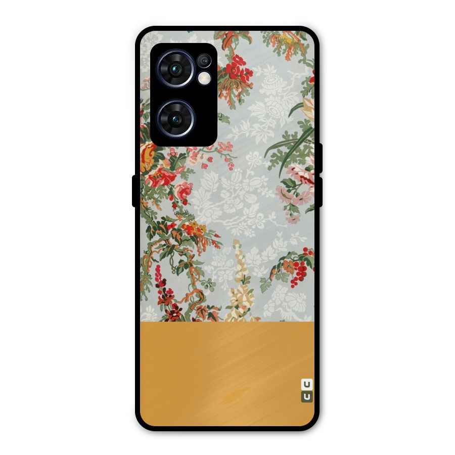 Golden Stripe on Floral Metal Back Case for Oppo Reno7 5G