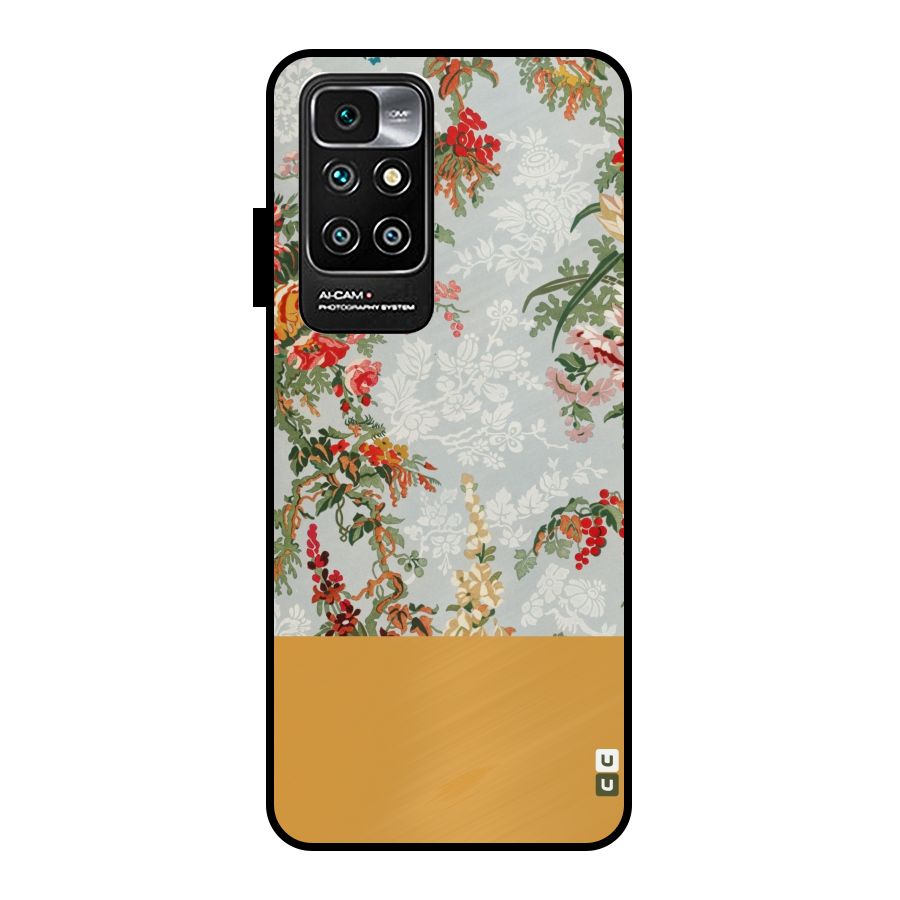 Golden Stripe on Floral Metal Back Case for Redmi 10 Prime