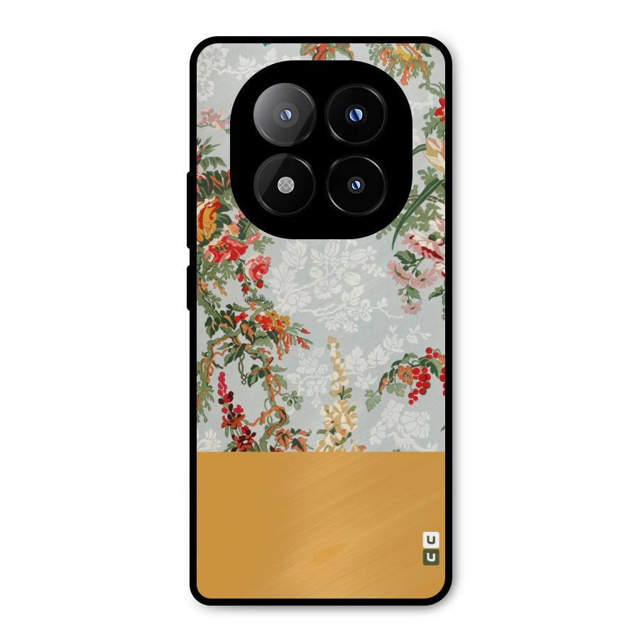 Golden Stripe on Floral Metal Back Case for Redmi Note 14 Pro Plus 5G