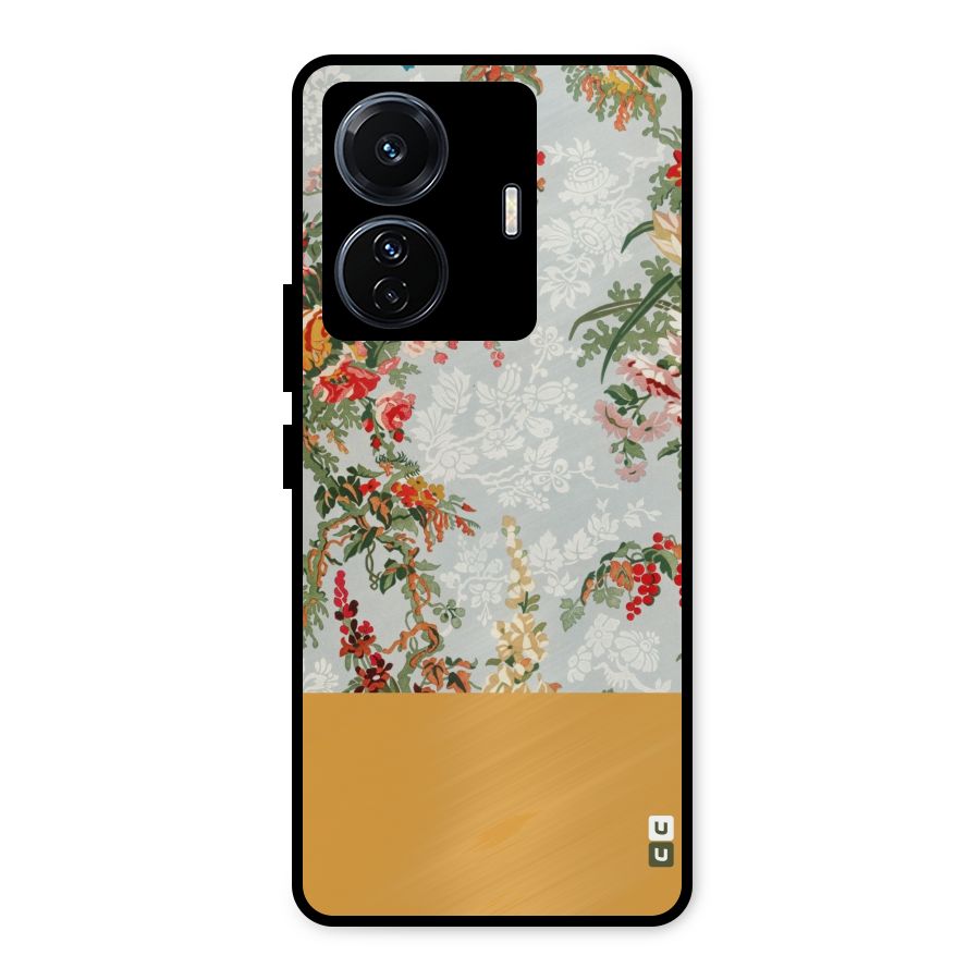 Golden Stripe on Floral Metal Back Case for Vivo T1 Pro