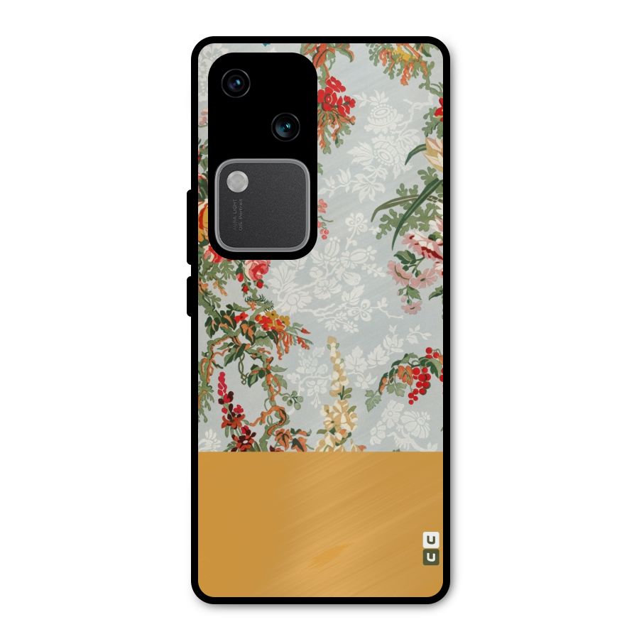 Golden Stripe on Floral Metal Back Case for Vivo V30 Pro