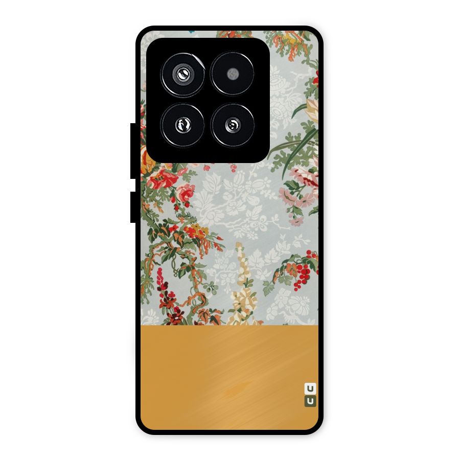 Golden Stripe on Floral Metal Back Case for Xiaomi 14 Pro