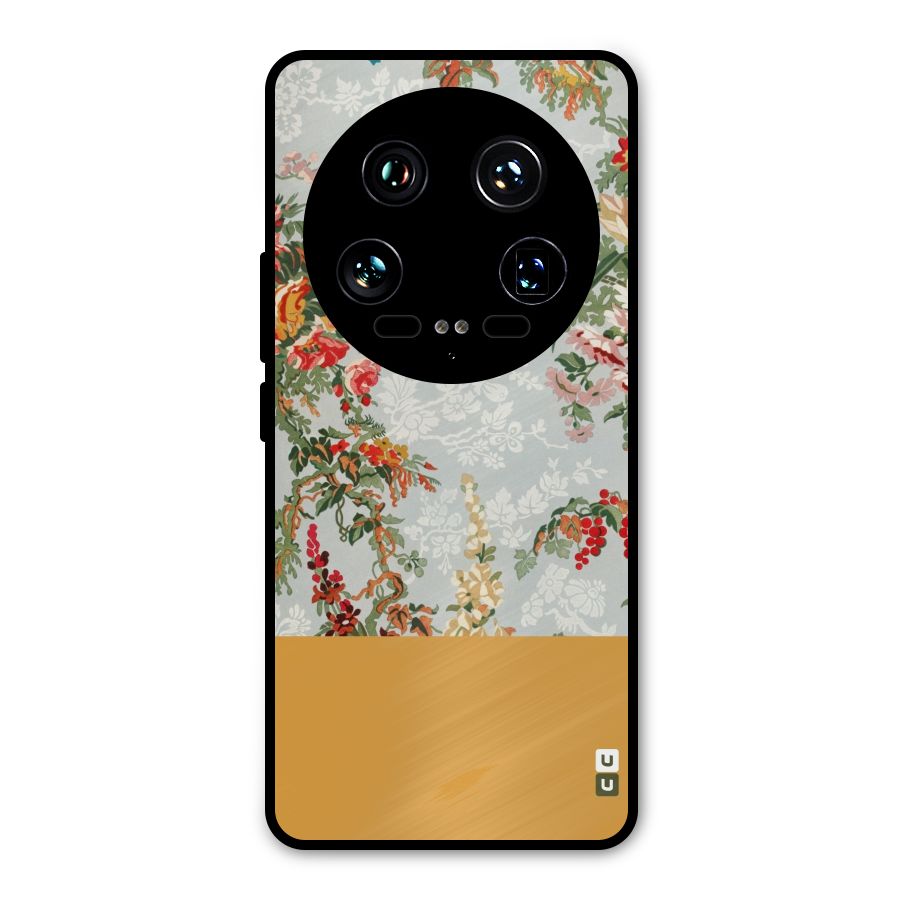 Golden Stripe on Floral Metal Back Case for Xiaomi 14 Ultra