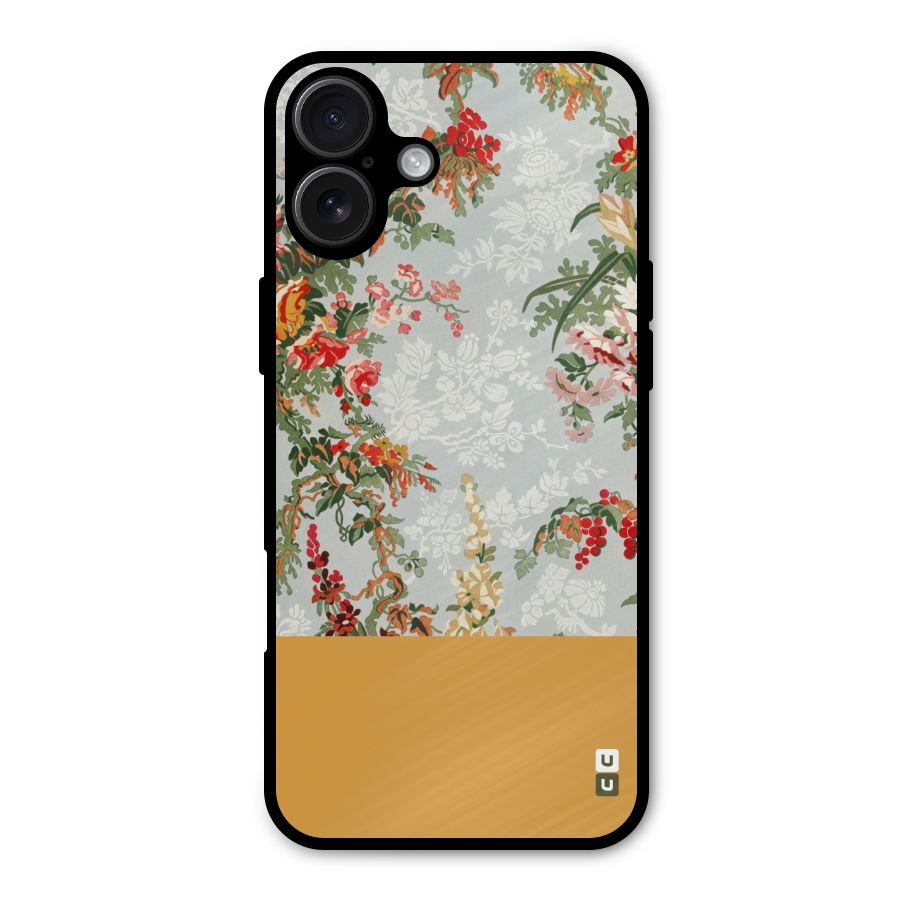 Golden Stripe on Floral Metal Back Case for iPhone 16 Plus