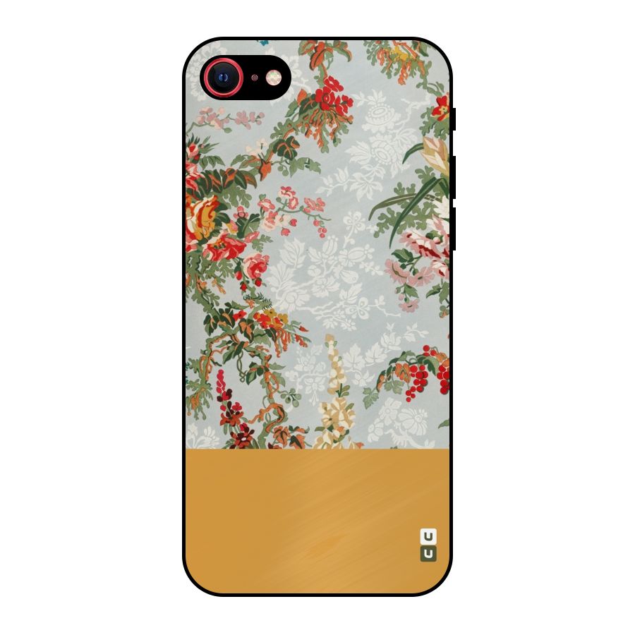 Golden Stripe on Floral Metal Back Case for iPhone SE 2020