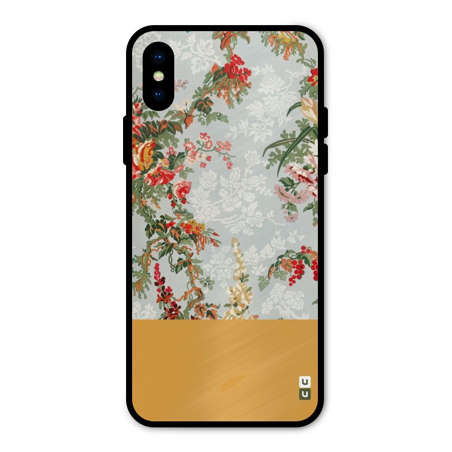 Golden Stripe on Floral Metal Back Case for iPhone XS