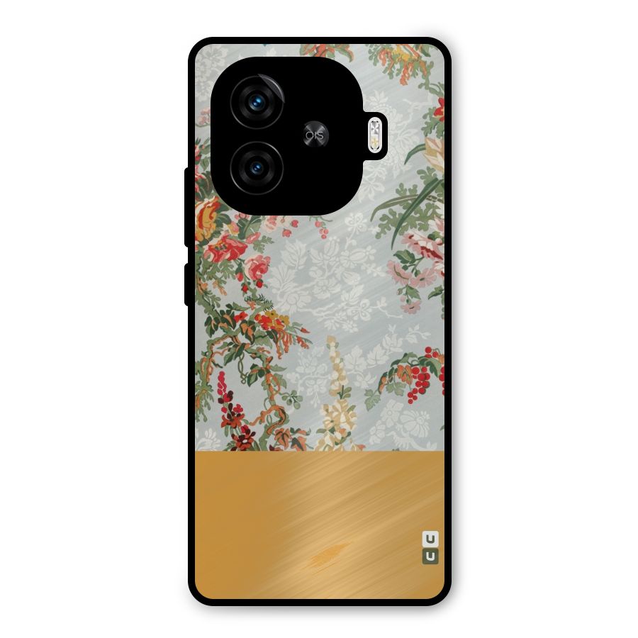 Golden Stripe on Floral Metal Back Case for iQOO Z9 Turbo