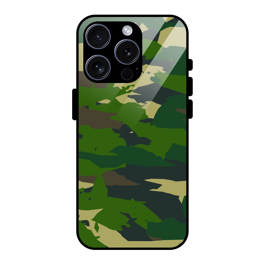Green Camouflage Army Glass Back Case for iPhone 15 Pro