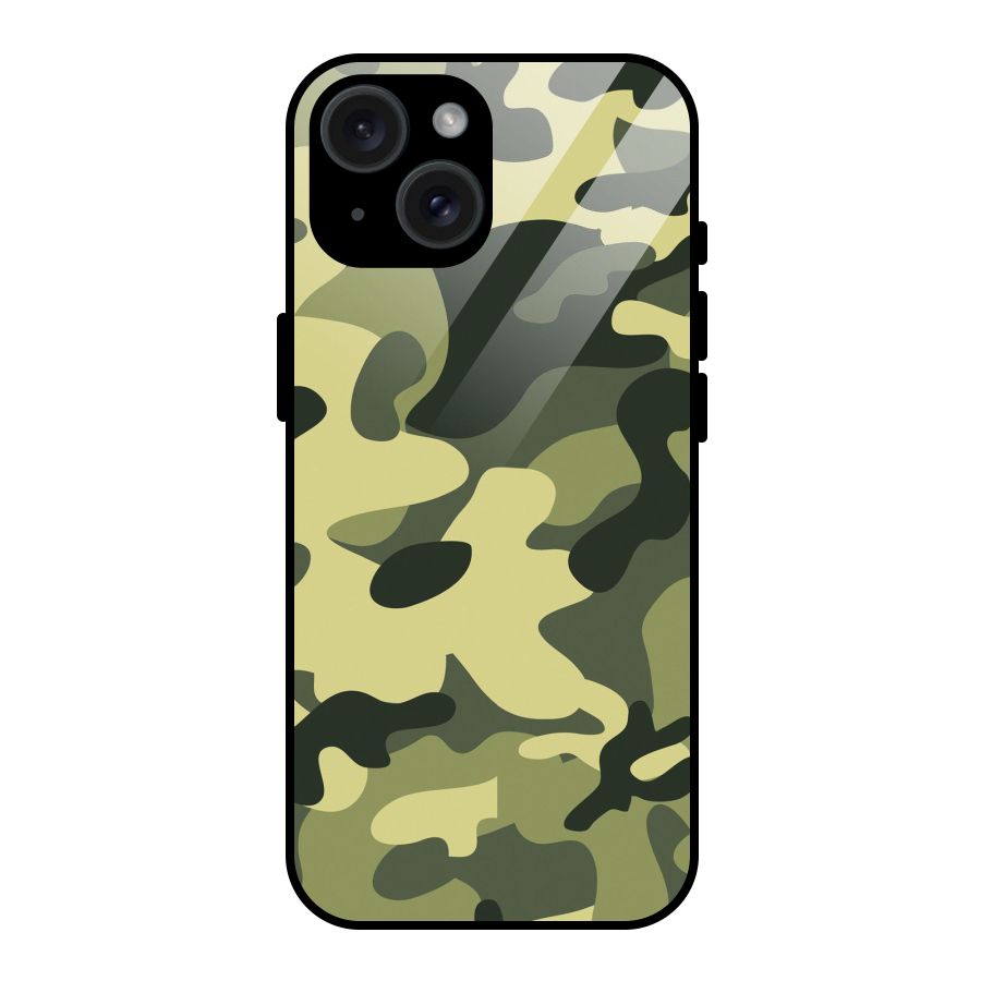 Green Military Pattern Glass Back Case for iPhone 15