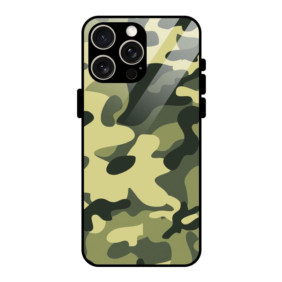 Green Military Pattern Glass Back Case for iPhone 15 Pro Max